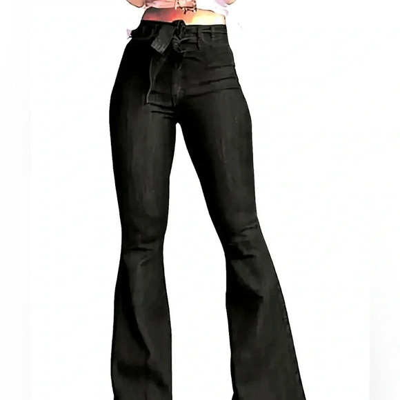 Women’s High-Rise Bell-Bottom Black Denim Jeans Flare Wide Leg & Belt-Med - Picture 4 of 13